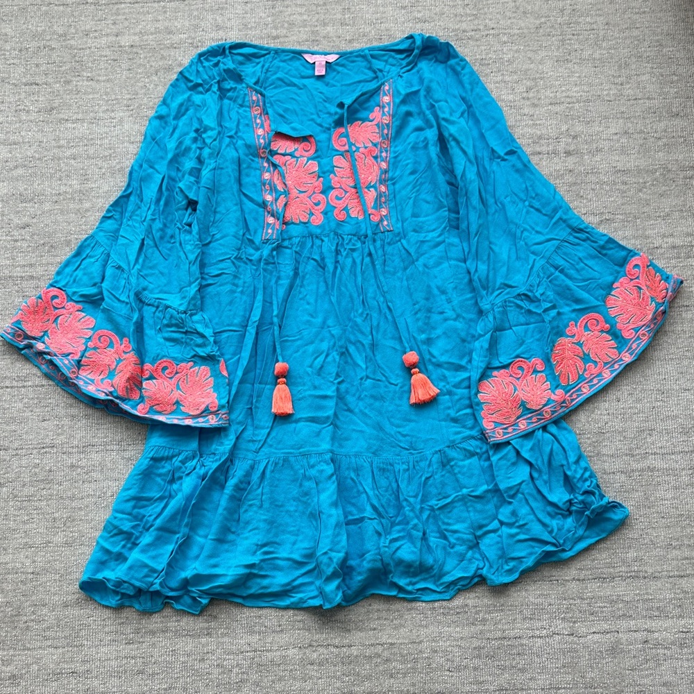 Lilly Pulitzer Turquoise Tunic Cover Up with Coral Embroidery
